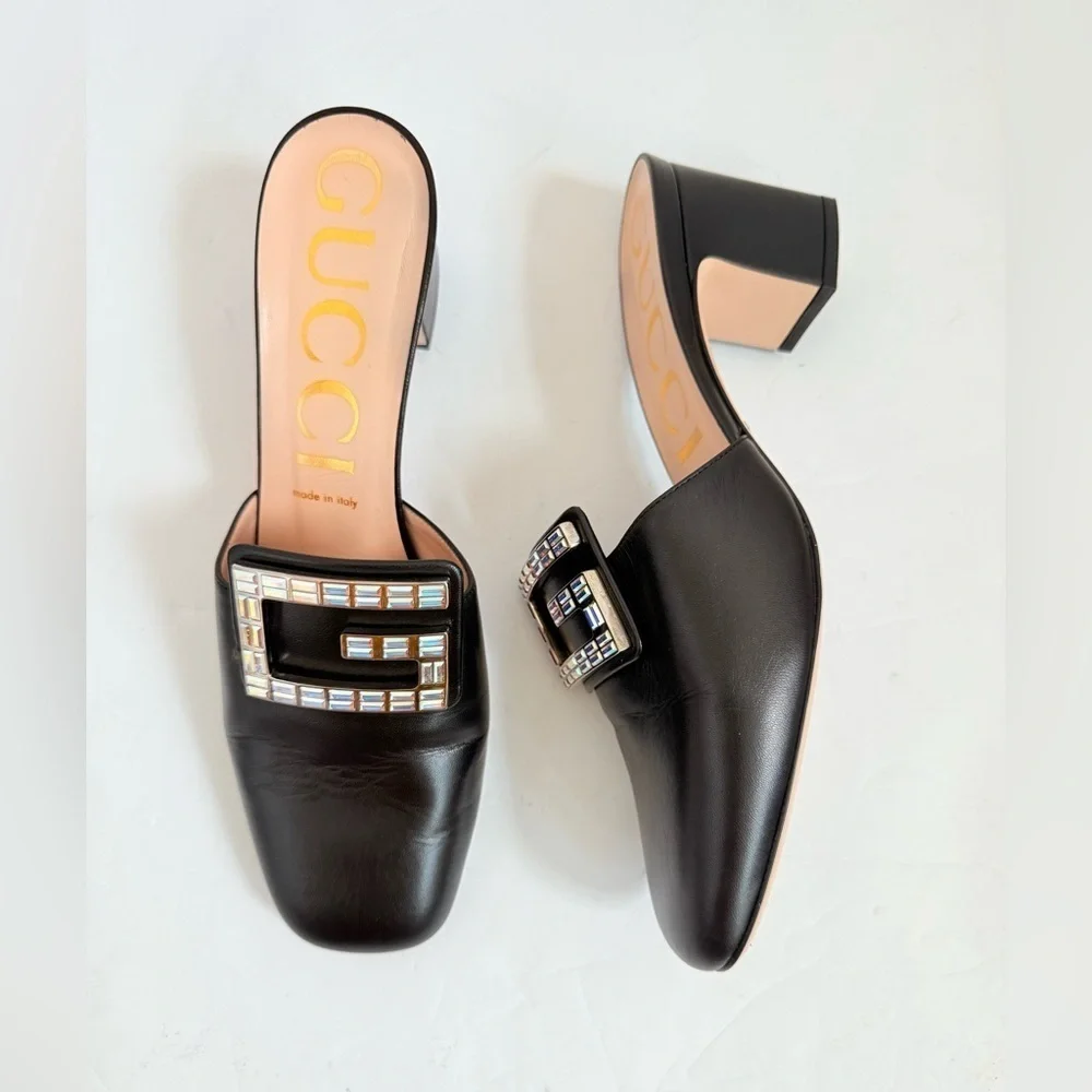 Gucci Black leather Madelyn Crystal G Mules Block heel  EU 41